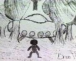 Representação do OVNI e da entidade, desenhada por uma das crianças da escola.