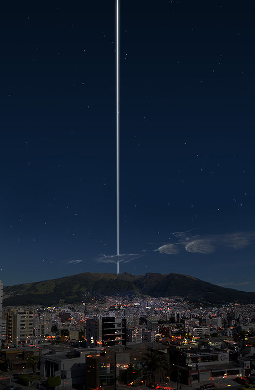 From the equator, the rings would pass directly overhead and show up as a thin, bright line in the sky, “arching from horizon to horizon.” Here’s what a photograph of Quito, Ecuador would look like at night: