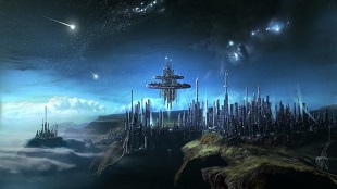 Ilustração de como poderia ser uma cidade alienígena com tecnologia avançada.