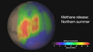 Mapa indicando as concentrações de gás metano em Marte, publicado pela NASA em 2009.  Como pode ser visto, O metano está concentrado somente em partes do planeta.