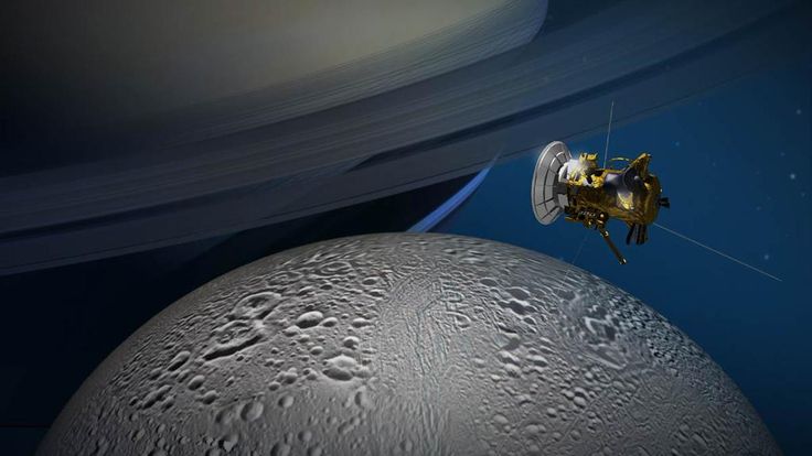Concepção artística da sonda Cassini sobrevoando Encélado