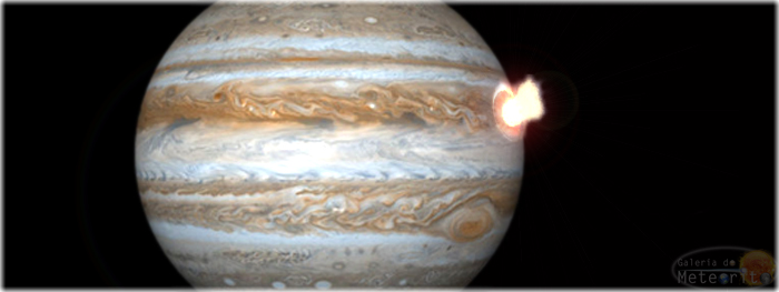 Rederização artística de Júpiter sendo atingido por um corpo celeste. Crédito: Galeria do Meteorito