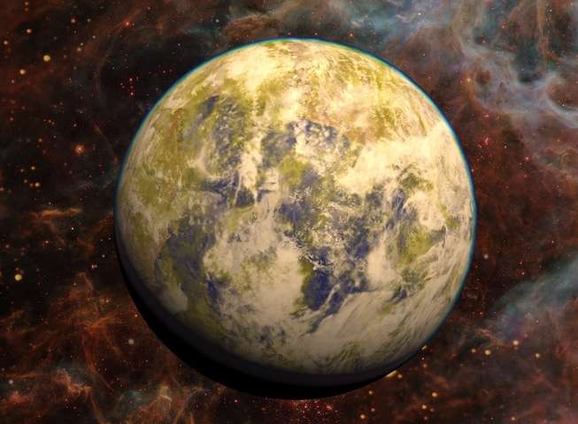 Artistic representation of the potentially habitable super-Earth Gliese 832c against a stellar nebula background. Credit: PHL @ UPR Arecibo, NASA Hubble, Stellarium. Read more at: http://phys.org/news/2016-04-earth-like-planet-nearby-star.html#jCp