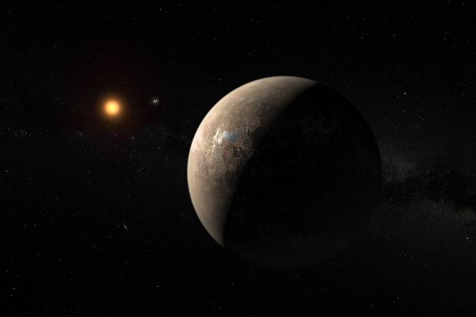 Impressão artística de Proxima b. Os astrônomos aguardavam a descoberta de um mundo assim desde que começaram a buscar exoplanetas que pudessem abrigar seres vivos. (M. Kornmesser/ESO/Divulgação)
