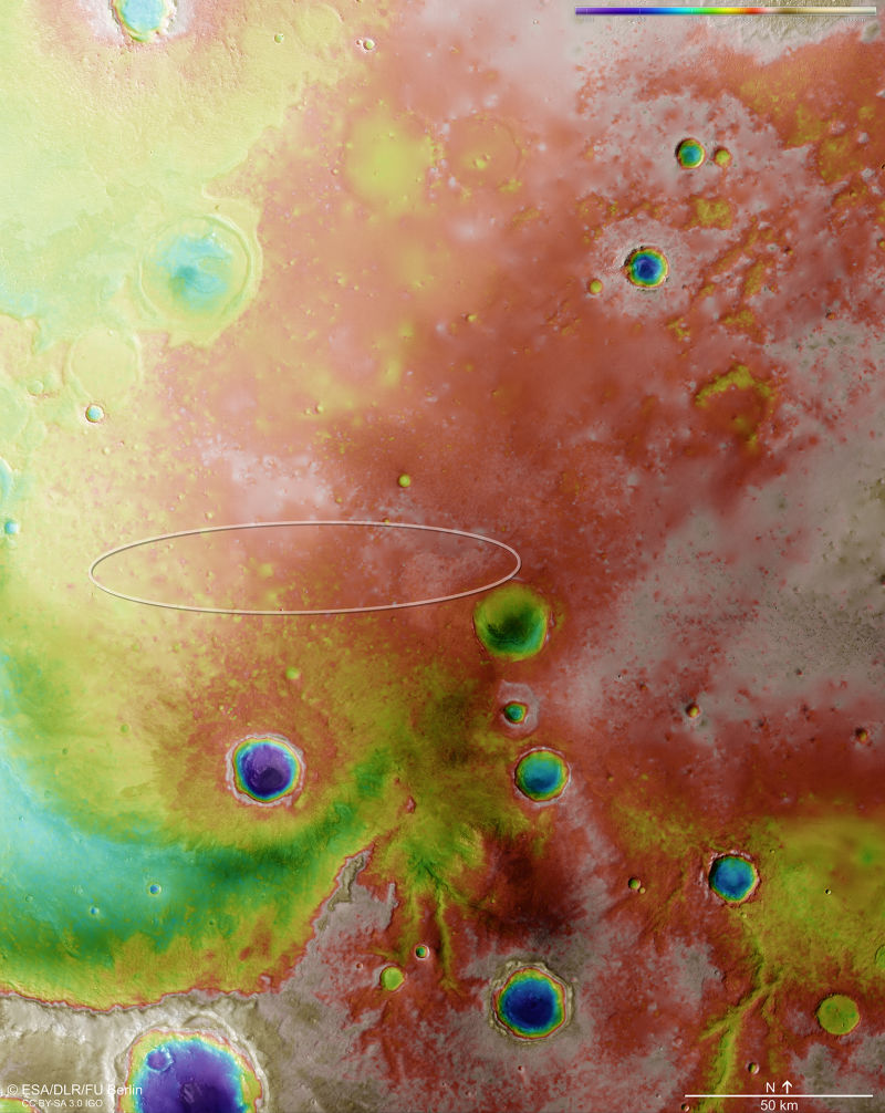 Esta perspectiva e cor falsa realça as características topológicas da região. O vermelho e o branco representam altitudes altas, enquanto o azul e lilás mostram terrenos mais baixos, tais como o interior de crateras. (ESA/DLR/FU Berlin, CC BY-SA 3.0 IGO)