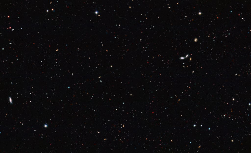The image was taken by the Hubble Space Telescope and covers a portion of the southern field of the Great Observatories Origins Deep Survey (GOODS). This is a large galaxy census, a deep-sky study by several observatories to trace the formation and evolution of galaxies. Credit: NASA, ESA/Hubble