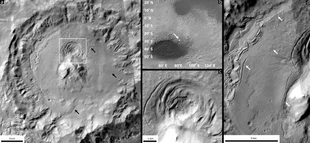 Uma das depressões, localizada dentro de uma cratera, na beirada da região da bacia Hellas, em Marte. Novas pesquisas sugerem que a depressão tenha sido formada por atividade vulcênaic abaixo da crosta de gelo - um ambiente favorável à vida microbiana. Crédito: Joseph Levy/NASA