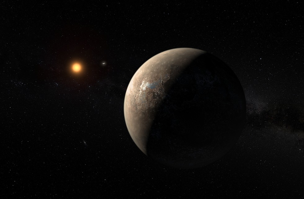 Renderização artística de Proxima Centauri e seu exoplaneta Proxima Centauri b